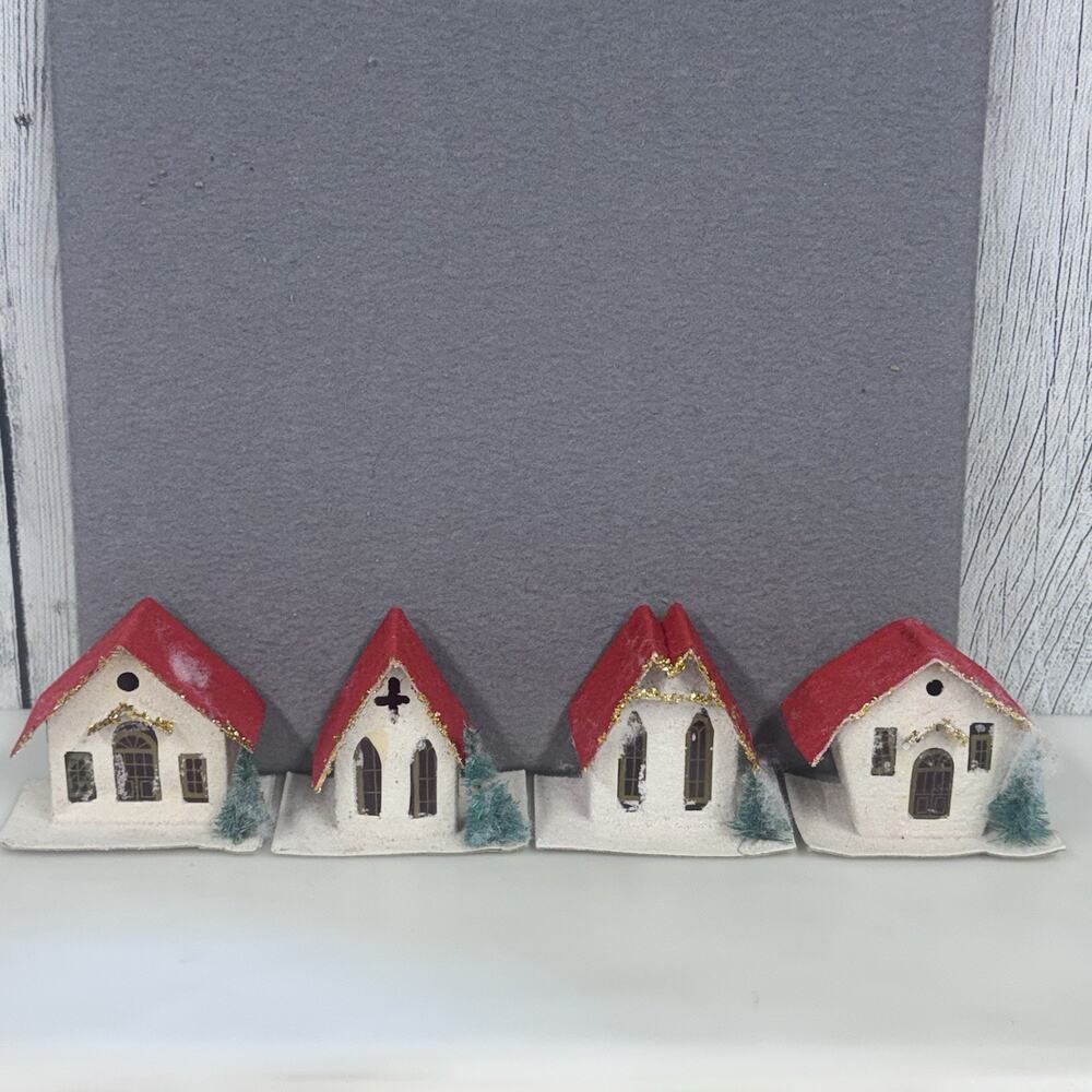 Vintage lot of 4 Putz Christmas Houses Cardboard Made in Taiwan Red Roof